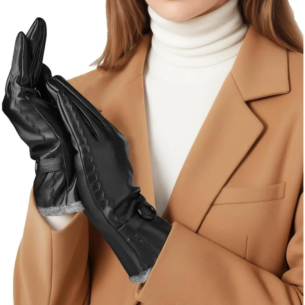 Women's black-medium Leather Winter Gloves Warm Touchscreen Cold Weather